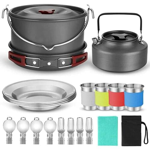 Camping cookware 22-piece mess kit, large hanging pot pan kettle, dish, fork and spoon set for outdoor camping hiking and picnic
