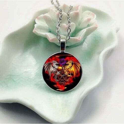 2019 new fashion popular gold and flying dragon purple flower glass pendant necklace