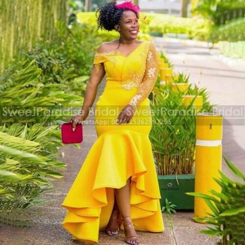 Ruffles High Low Mermaid Evening Dresses In Gold Yellow One Long Sleeves Appliques Evening Dress For Women