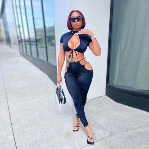 Fall 2021 Womens Fashion Sexy Black 2 Piece Sets Bodycon Club Outfits Hollow Out Tie Up Crop Top and Tight long Pants Suits