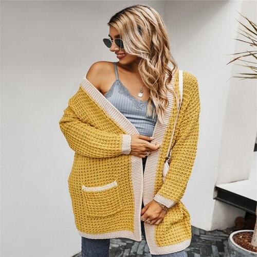 Autumn Women Clothing Loose Knitting Cardigan Female long Sleeve Color Matching Parka Lady Casual Outwear Mujer Chaqueta Sweater