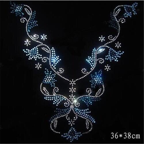 36*38cm Sweater neckline decor patch new hotfix rhinestones motif hot fix heat transfer design iron on motifs for T shirt