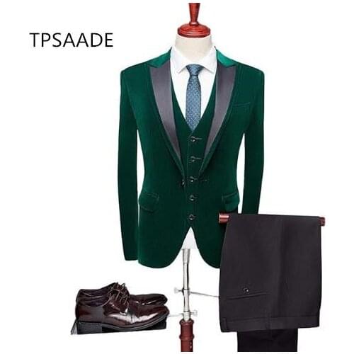 TPSAADE Mens suit Customized Velvet Pant Suit Business Office Green Tuxedos Formal Work Wear Suit 3 Set (Blazer+Vest+Pants+Tie)