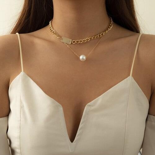 Vintage Baroque Pearl Pendant Choker Necklace for Women Double Layered Thick Curb Chain Necklaces Chains Boho Femme Jewelry