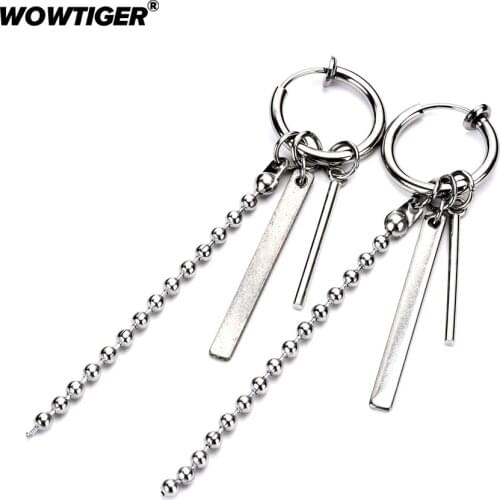 WOWTIGER Stainless steel Chain Punk tassel men earring Ear clip Invisible No Ear Hole Earrings For women Ear Jewelry Gifts
