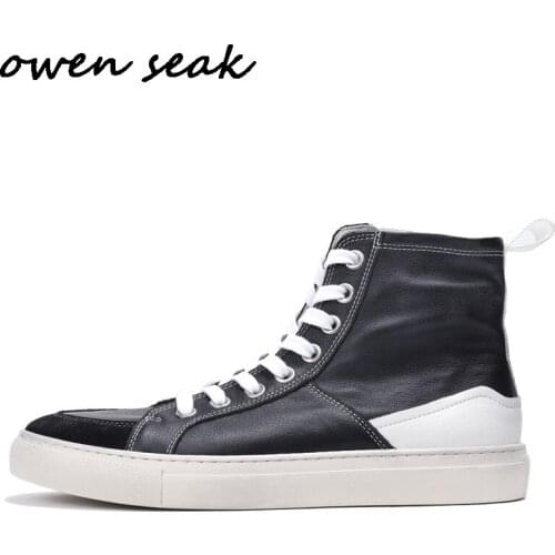 Owen Seak Men Casual Boots Cow Leather High-TOP Ankle Boots Luxury Trainers Spring Lace-Up StreetWear Flats Black Shoes Sneakers