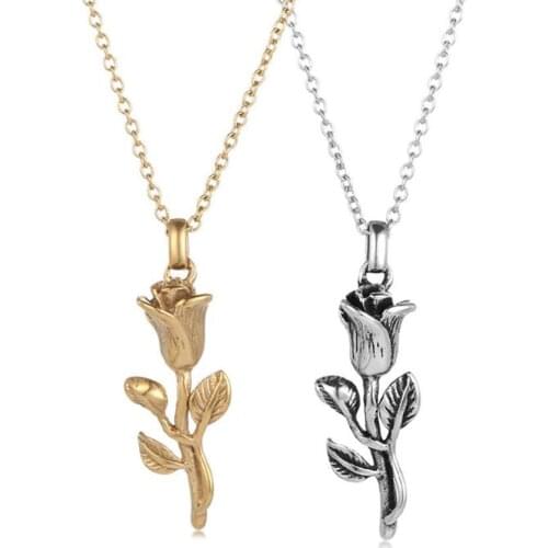 Stainless Steel Gold Rose Flower Women Vintage Delicate Pendant Necklace Jewelry Gift with Chain For Him