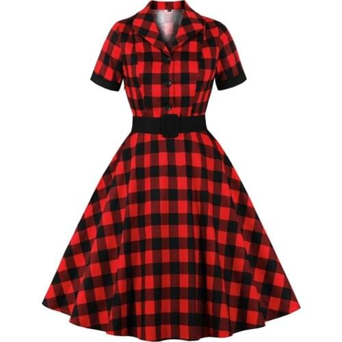 2021 Gingham Vintage Dress Elegant Women Turn Down Collar Button Up Rockabilly 50s Style Red Plaid Cotton Dresses with Belt