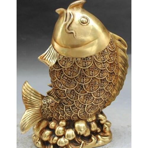 12" Chinese Bronze Carving Animal Fish Goldfish Barracuda Money Wealth Statue