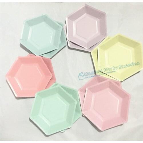120pcs Solid Hexagonal Paper Plates Party Tableware Modern Geometrical 7" Dessert Dishes Pastel Pink Mint Blue Beige Lilac Blush