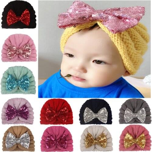 2020 Baby Accessories Clothing Infant Baby Girl Boy Winter Beanie Bowknot Warm Cap Crochet Knitted Sequin Bow Hat Turban Caps