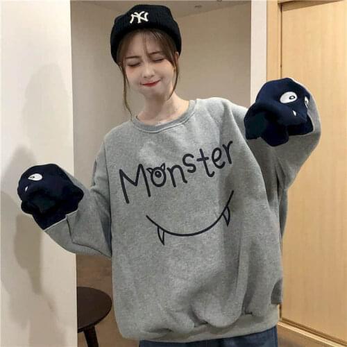 2021 Spring Autumn Pullovers Women Velvet Long Sleeve Jacket Oversized Sweatshirt Korean Goth Clothes Harajuku Tops Print Thick