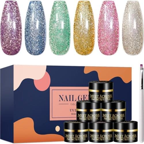 MEET ACROSS 6PCS Shiny Glitter Gel Set Summer Bright Candy Color Gel Soak Off Uv Varnish Nail Art Base Top Coat Nail Polish