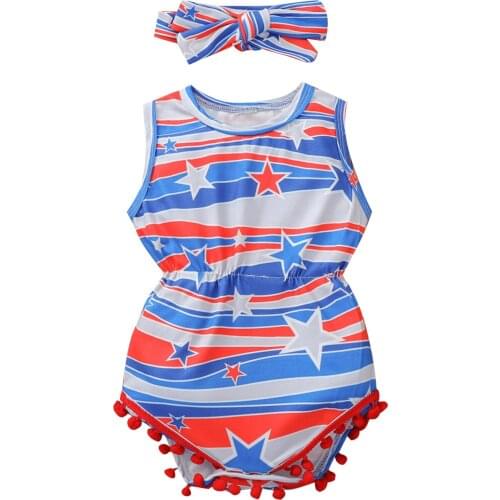 2021 New Summer 0-24M Baby Girl Star Blue Wave Stripe Print 2Pcs Set Ball Tassels Sleeveless Bodysuit+Bow Independence Day