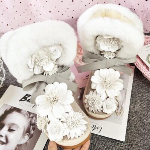 Handmade Cute Warm Fur Snow Boots Women Round Toe Flower Platform Boots Genuine Leather Winter Shoes Botines Luxury Botas Mujer