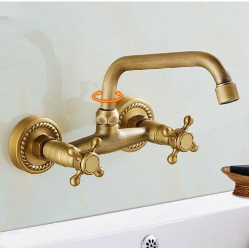 Bronze Bathroom Faucet Wall Mounted Basin Faucet 360 Degree Rotation Double Handle Crane Cold Hot Water Mixer Tap Torneira