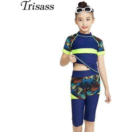 Trisass 2021 New Two Piece Swimsuit With Long Pants For Girl Half-Sleeve Children Print Bathing Suit Sports Swimwear