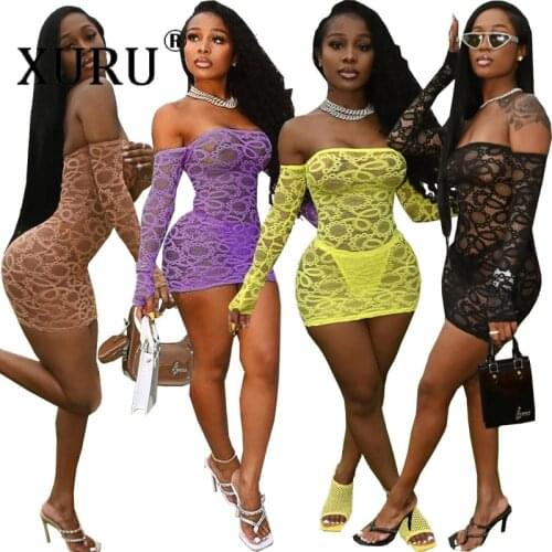 XURU European and American Sexy Womens Dress, Mesh See-through Dress, Slim Nightclub Party Dress