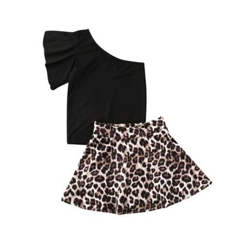 New 2-3 Years Baby Girl T-Shirt Top+Leopard Skirt Summer Outfits Kids BlackTops +Leopard Skirt Toddler 2Pcs/Set