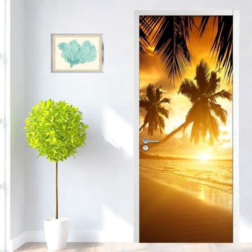 Creative Self-adhesive 3D Door Sticker Sunrise Sunset Seaside Beach Coconut Tree Landscape Photo Wallpaper Living Room Bedroom