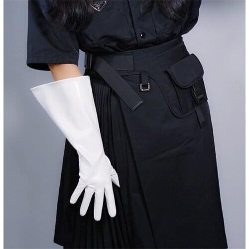 PATENT LONG GLOVES Unisex Faux Leather Wide Balloon Puff Sleeves Large White 38cm WPU147