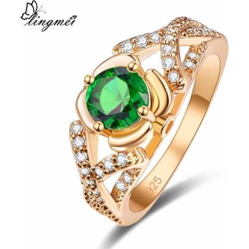 Lingmei New Arrival Fashion RoundMultiGreen White CZ GoldRing Size 6-9 Wedding Women Jewelry Wholesale
