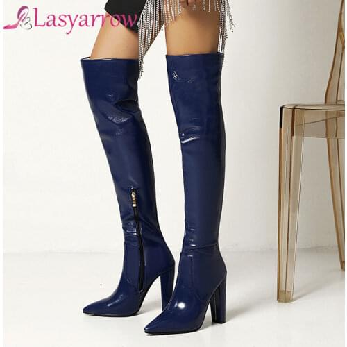 Lasyarrow Fashion Womens Shoes Winter Pointed Toe Red Yellow Chunky Heels Sexy Over The Knee High Yellow shiny Boots 41 43