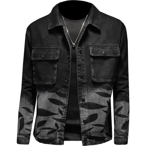 2021 New Spring and Autumn Fashion Casual Men Black Turndown Collar Slim Retro Long Sleeve Print Mens Denim Jacket