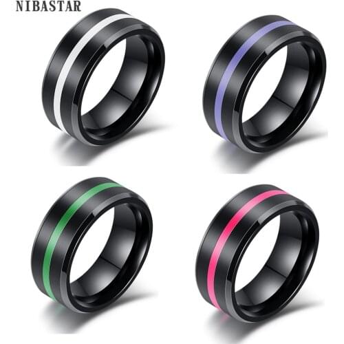 Men Brushed Ladder Edge Ring 8mm Inlay Enamel Groove Beveled Edge Engagement Rings Stainless Steel Mens Finger Jewelry Gift