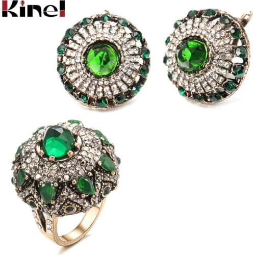 Kinel 2020 Palace Elegant Flower Vintage Crystal Jewelry Sets For Women Gold Color Rings Earring Sets Ethnic Style Party Gifts