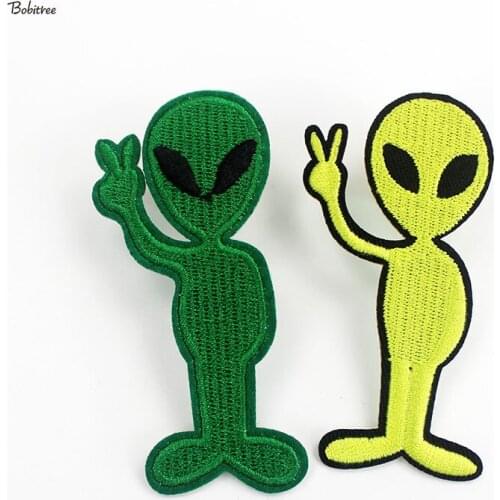 Green Alien Cloth Patches Badges Iron on Cotton Fabric Embroidered Stickers for Jackets Jeans Bags Decoration DIY Stripes