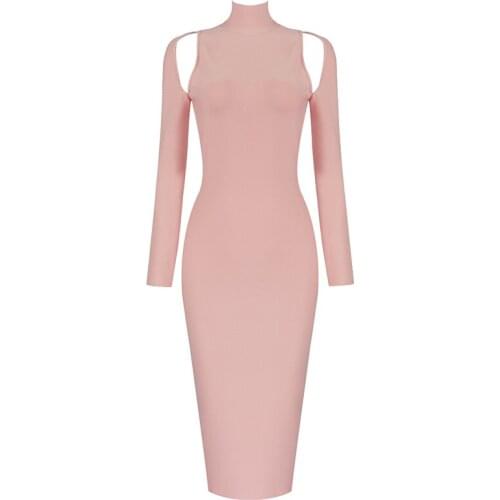 Pure Color High Neck Sexy Long Sleeve Hollow Open Back Bandage Dress Women Fashion Catwalk Dress 2020 Autumn And Winter New