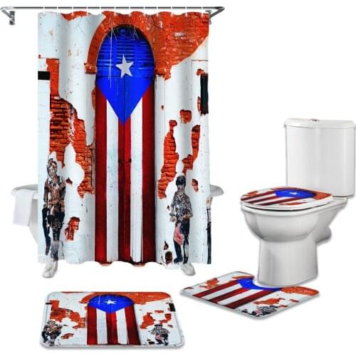 Puerto Rico Flag Door Wall Durable Waterproof Shower Curtain Set Bathroom Rugs Carpet Toilet Seat Cover Pad Floor Mat