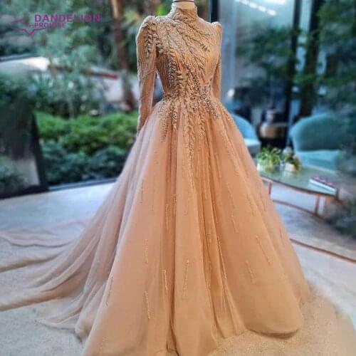 Luxury Dubai Muslim Evening Dress For Women 2021 Long Sleeve High Neck Elegant Arabic Beads Handmade Tulle Formal Party Gowns