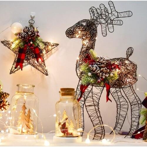 Christmas Elk Iron Art Pine Cones with Light LED Christmas Decorations Reindeer Shopping Mall Window Ornaments Home Desk Decor