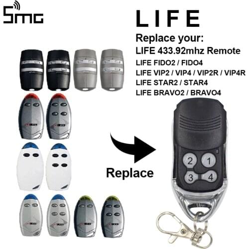 LIFE Remote Control 433mhz Replacement LIFE FIDO2 VIP2 VIP4 STAR2 BRAVO4 Remote Garage Door Opener Rolling code