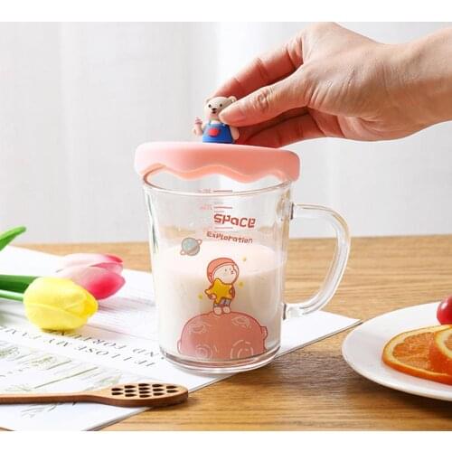 380ml Glass Cup with Lid More Thicken 4 Types Cute Cartoon Pattern Water Cup for Home Glass scale cup ins