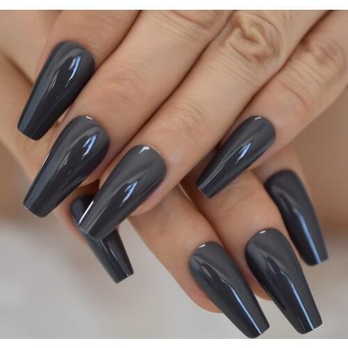 Dark Gray Black Coffin Tapered False Nail Long Full Cover Ballerina Acrylic Press on Fake Fingernail Tips Makeup Tool 24pcs/set