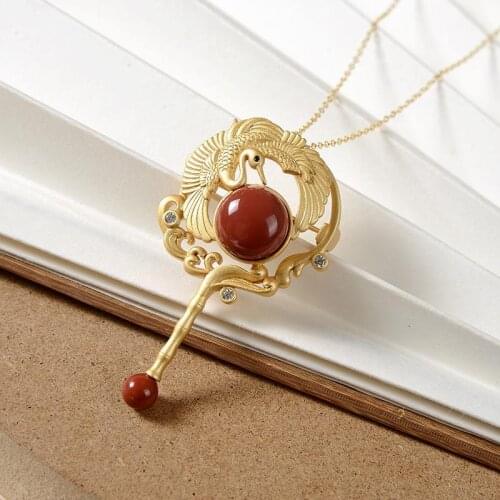 Natural Hetian Jade S925 Sterling Silver Southern Red Agate Classical Chinese Retro Graceful Personality Women Brooch Pendant