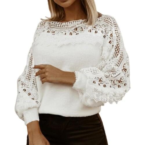Women Autumn Winter Blouse Solid Color Lace Crochet Lantern Sleeve O Neck Ladies Pullover Top Streetwear