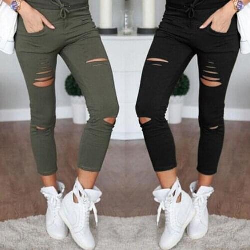 2017 Women Pants Fashion New Style Sexy Solid High Hole Pants Skinny Full Length Sexy Pantalon Femme Plus Size S-4XL