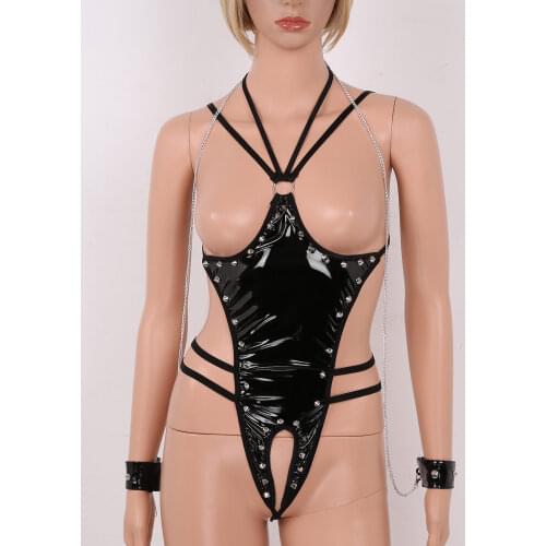 Womens Latex Catsuit Sexy Wetlook PVC Leather Body Lingerie Bare Exposed Breasts Open Crotch Thong Leotard Bodysuit Hot Porno