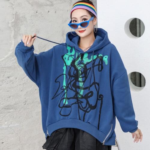 Female new autumn and winter plus size printed irregular hooded batwing sleeve loose sweatshirt