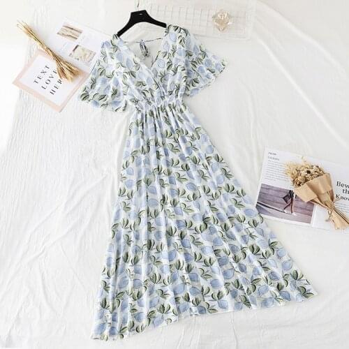 Summer new style short-sleeved chiffon ruffled ladies dress temperament V-neck high waist open back sexy floral womens beach dr