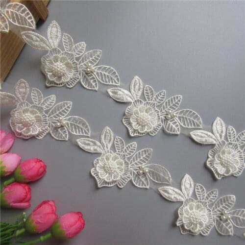1 yard Apricot Pearl Beaded Flower Leaf Embroidered Lace Trim Ribbon Applique Handmade DIY Clothes Wedding Dress Sewing Craft