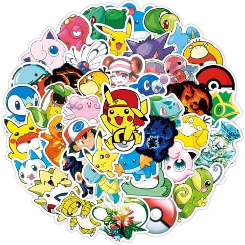 100pcs Norepetitive Pokemon Cartoon Sticker Waterproof Sunscreen Laptop Trolley Car Pikachu Stickers Children Anime Figures Toys