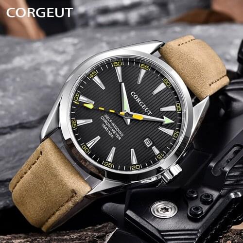 CORGEUT Fashion Mens Watches Top Brand Luxury Waterproof Military Sport Mechanical Wrist Watch Luminous Men Clock Reloj Hombre