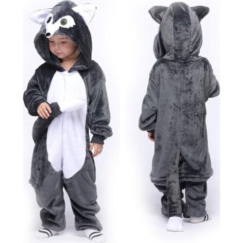 Children Wolf Onesies Kigurumi Animal Pajamas Cosplay Costume Jumpsuit Boys Girls Romper Winter Sleepwear Halloween Party Dress