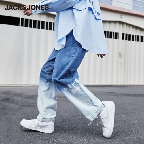 JackJones Mens Cotton Gradient Washed Letter Printed Loose Fit Jeans | 221132155