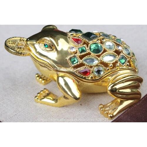 Fengshui Frog Trinket Box Gold Frog Storage Jewelry Box with Cystals Studded Collectible Metal Figurine Frog with Coin in Mouth